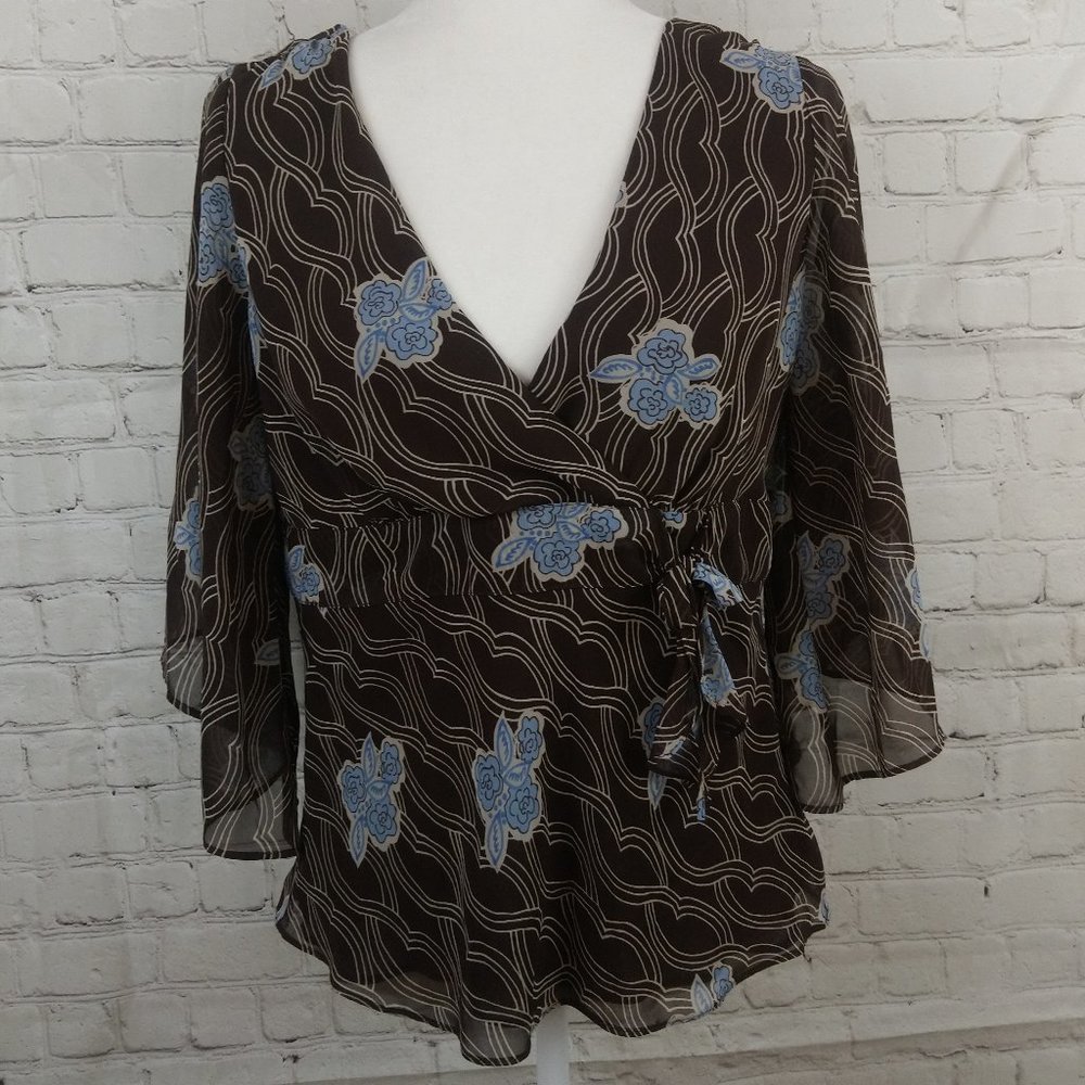 LOFT Brown Blue Floral Wrap Flutter Sleeve Top